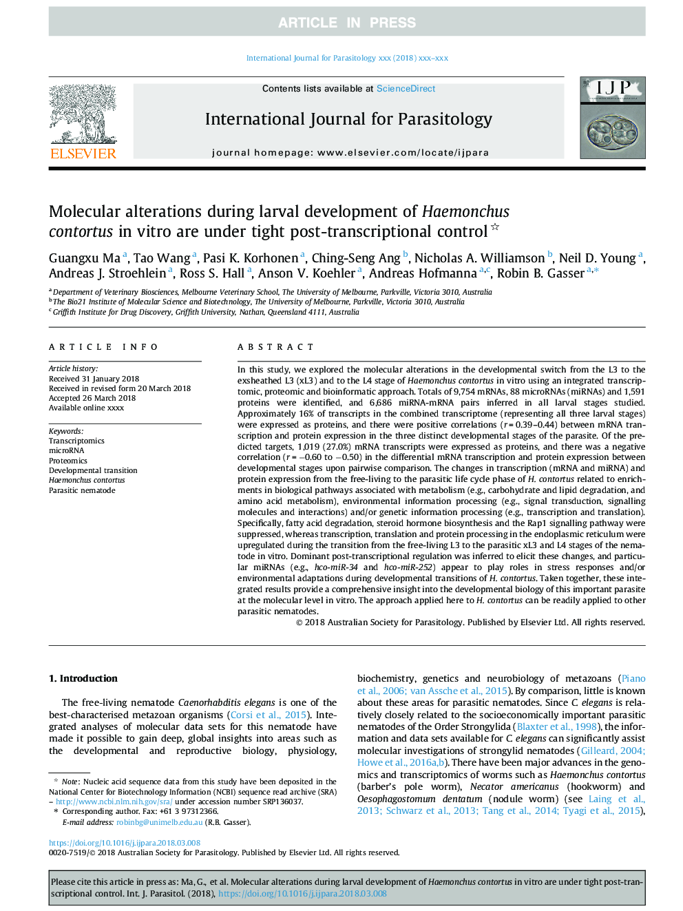 Molecular alterations during larval development of Haemonchus contortus in vitro are under tight post-transcriptional control