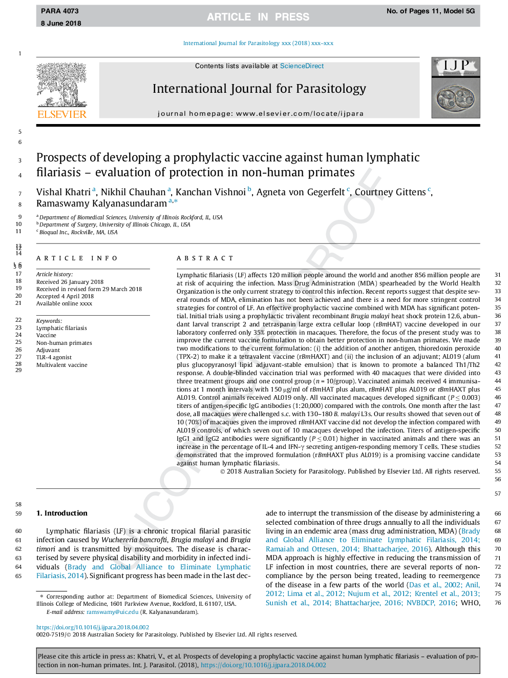 Prospects of developing a prophylactic vaccine against human lymphatic filariasis - evaluation of protection in non-human primates