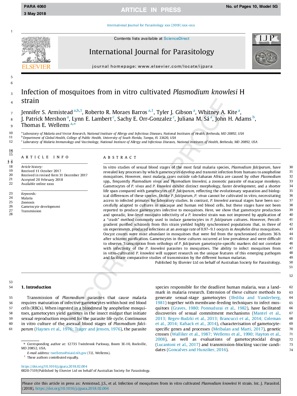 Infection of mosquitoes from in vitro cultivated Plasmodium knowlesi H strain