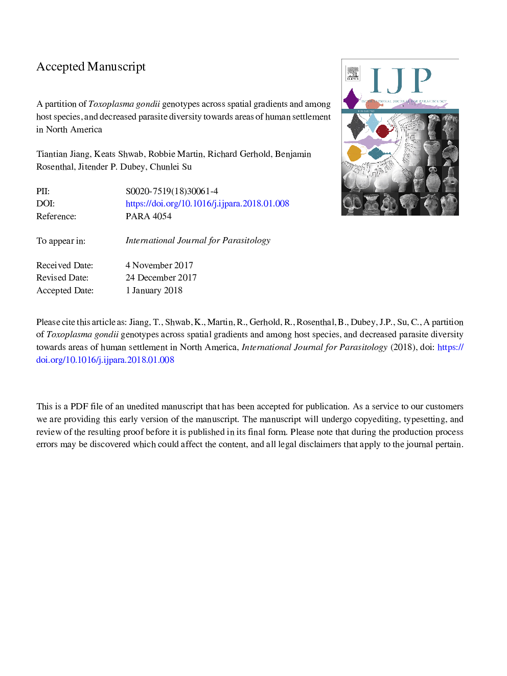 A partition of Toxoplasma gondii genotypes across spatial gradients and among host species, and decreased parasite diversity towards areas of human settlement in North America