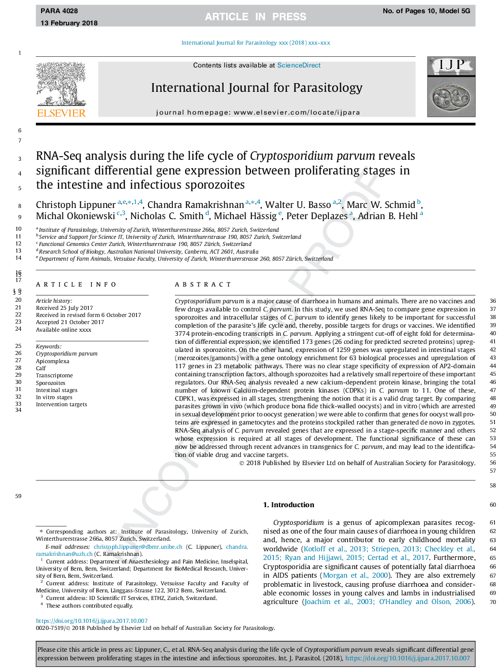 RNA-Seq analysis during the life cycle of Cryptosporidium parvum reveals significant differential gene expression between proliferating stages in the intestine and infectious sporozoites