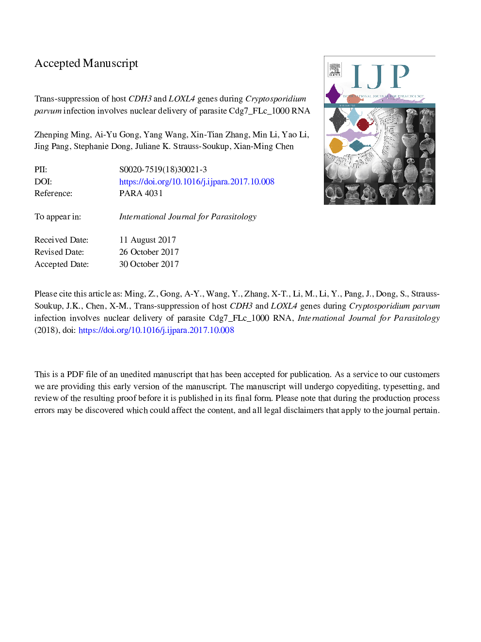 Trans-suppression of host CDH3 and LOXL4 genes during Cryptosporidium parvum infection involves nuclear delivery of parasite Cdg7_FLc_1000 RNA