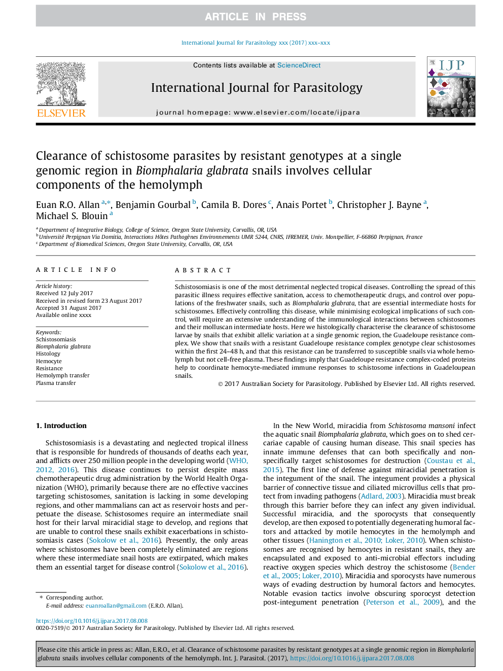 Clearance of schistosome parasites by resistant genotypes at a single genomic region in Biomphalaria glabrata snails involves cellular components of the hemolymph