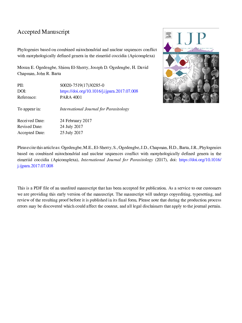 Phylogenies based on combined mitochondrial and nuclear sequences conflict with morphologically defined genera in the eimeriid coccidia (Apicomplexa)