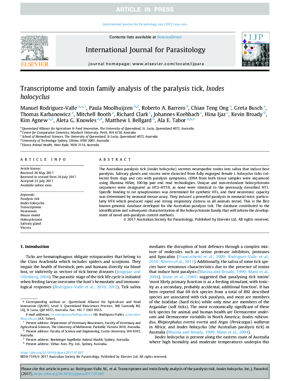 Transcriptome and toxin family analysis of the paralysis tick, Ixodes holocyclus