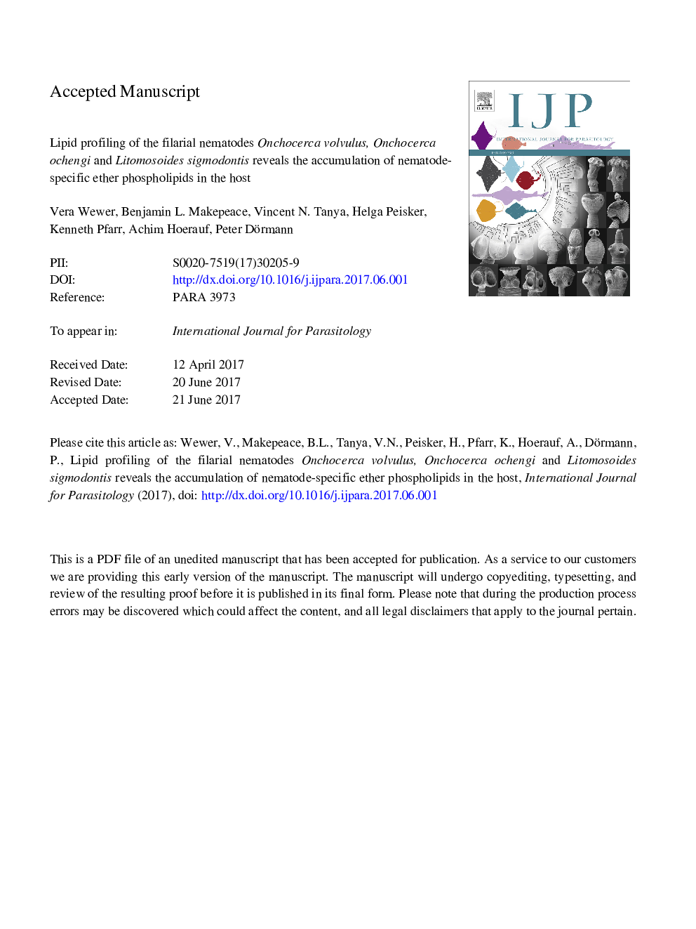 Lipid profiling of the filarial nematodes Onchocerca volvulus, Onchocerca ochengi and Litomosoides sigmodontis reveals the accumulation of nematode-specific ether phospholipids in the host