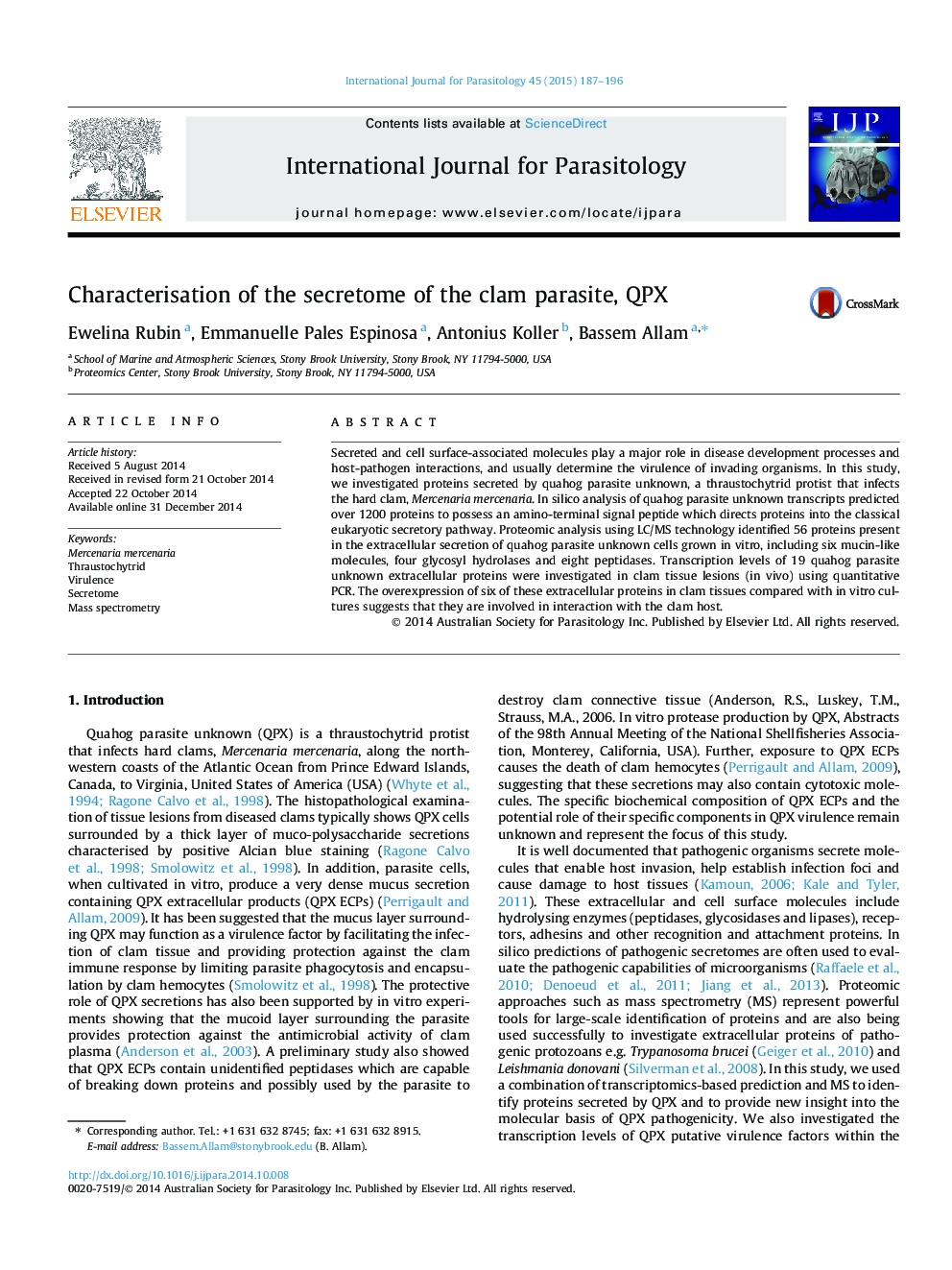 Characterisation of the secretome of the clam parasite, QPX