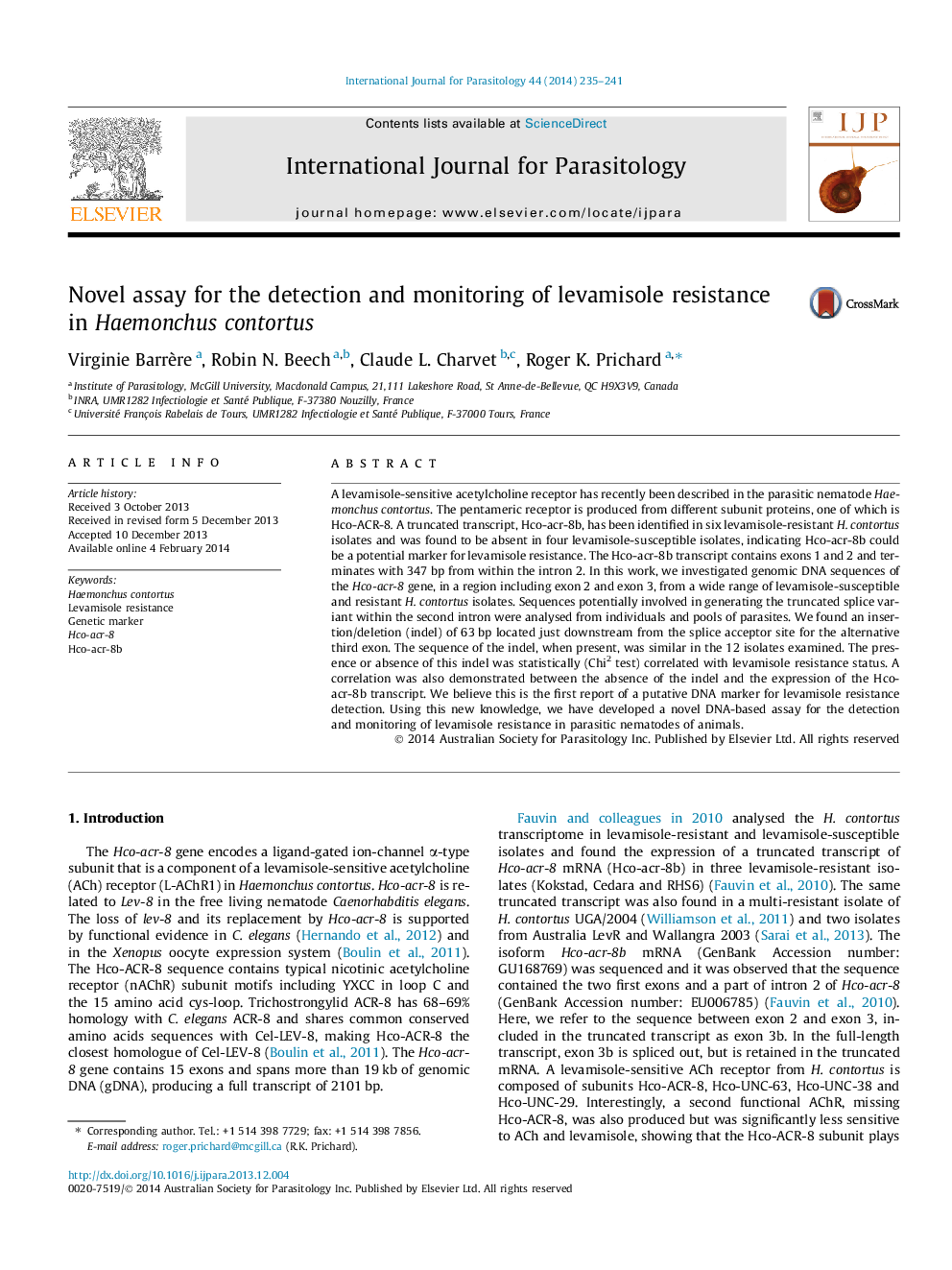 Novel assay for the detection and monitoring of levamisole resistance in Haemonchus contortus