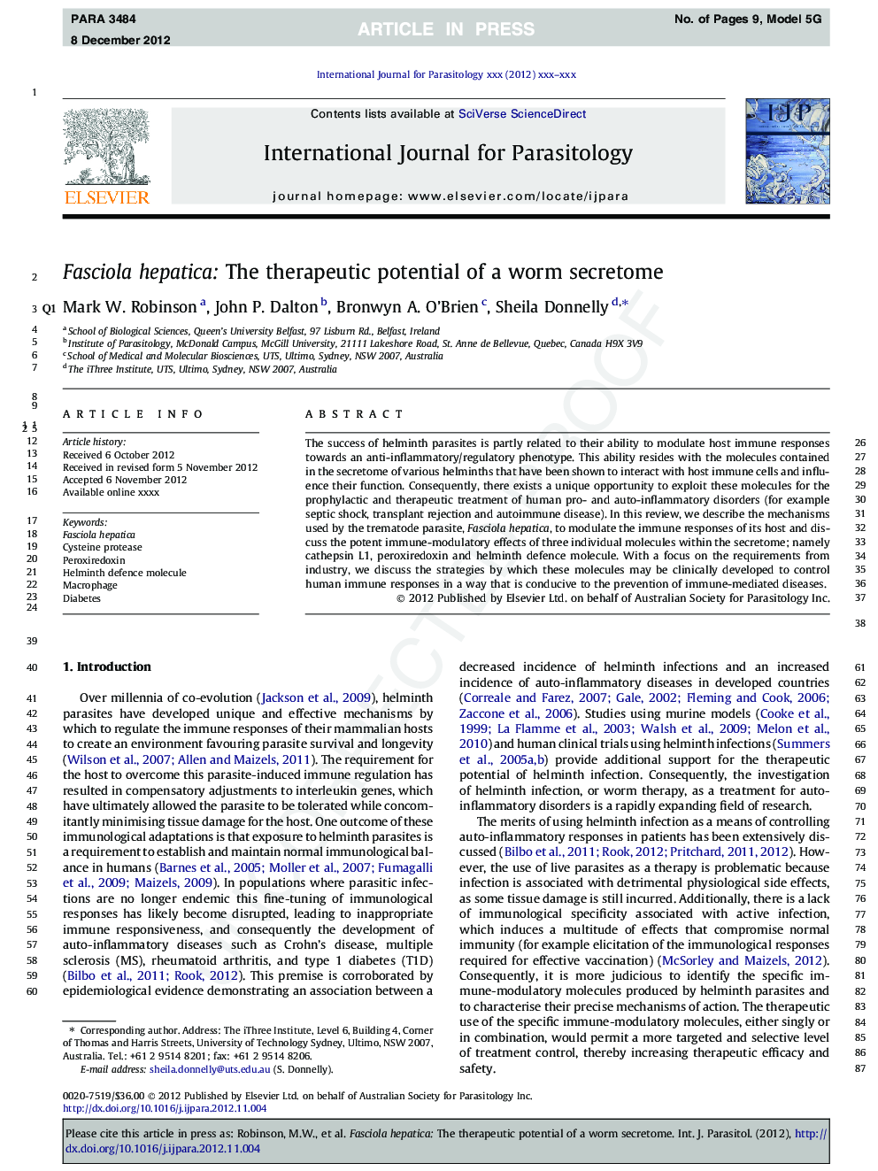 Fasciola hepatica: The therapeutic potential of a worm secretome