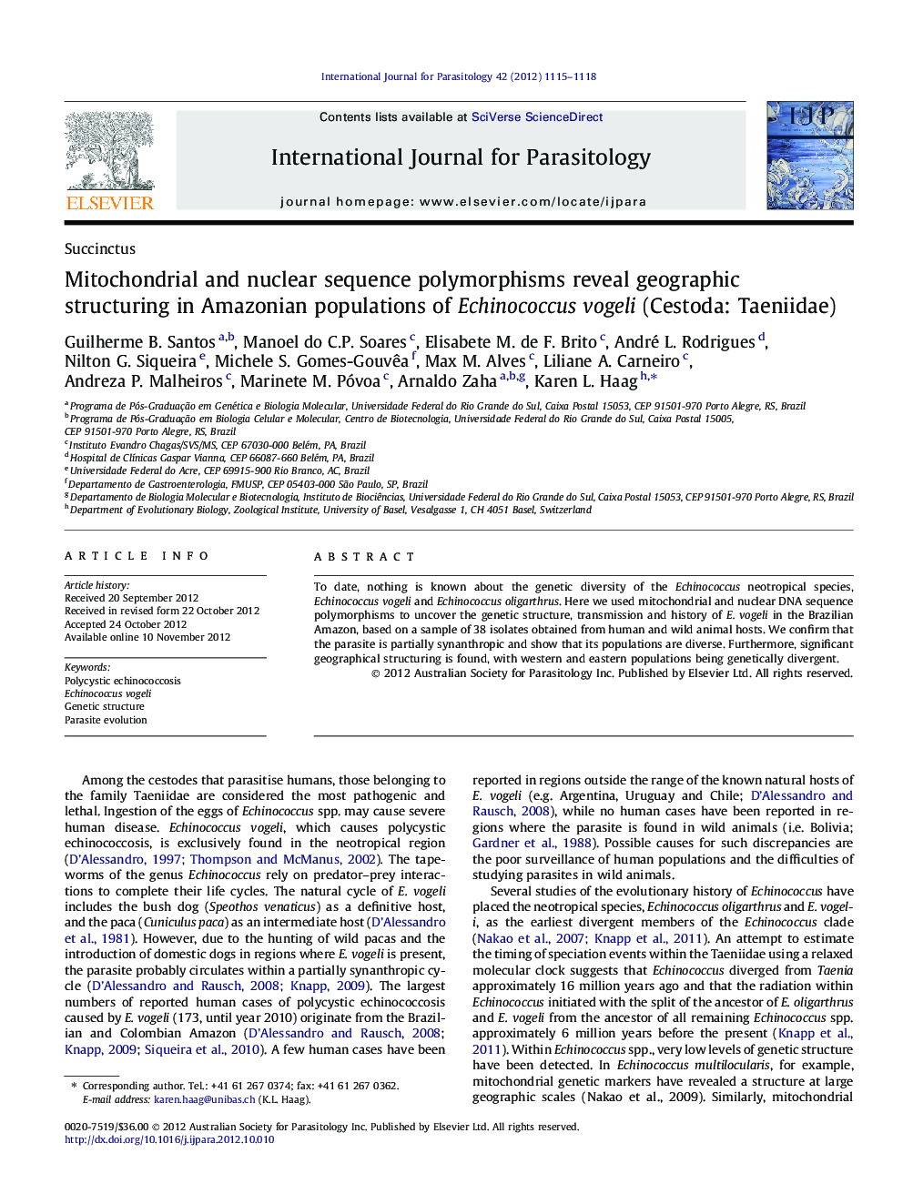 Mitochondrial and nuclear sequence polymorphisms reveal geographic structuring in Amazonian populations of Echinococcus vogeli (Cestoda: Taeniidae)