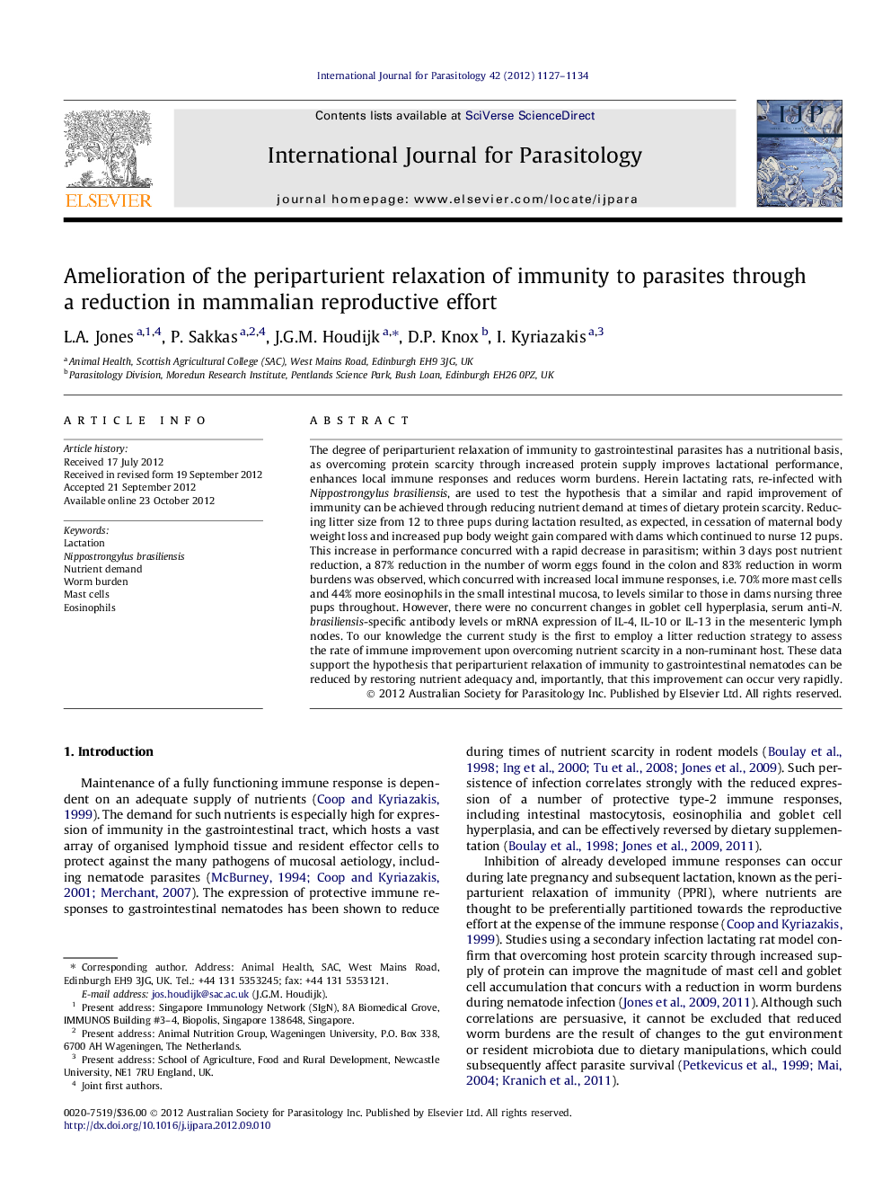 Amelioration of the periparturient relaxation of immunity to parasites through a reduction in mammalian reproductive effort