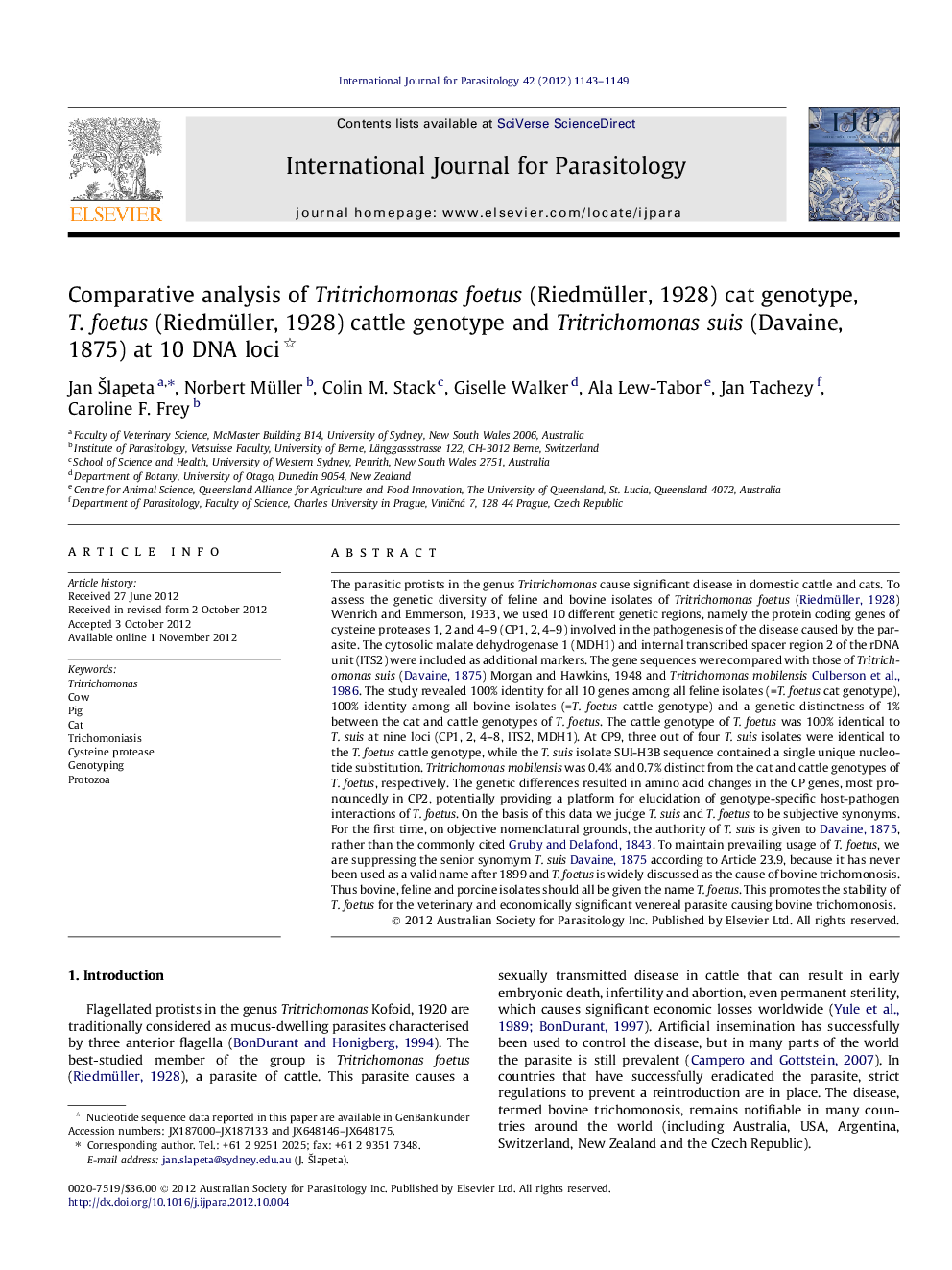 Comparative analysis of Tritrichomonas foetus (Riedmüller, 1928) cat genotype, T. foetus (Riedmüller, 1928) cattle genotype and Tritrichomonas suis (Davaine, 1875) at 10 DNA loci