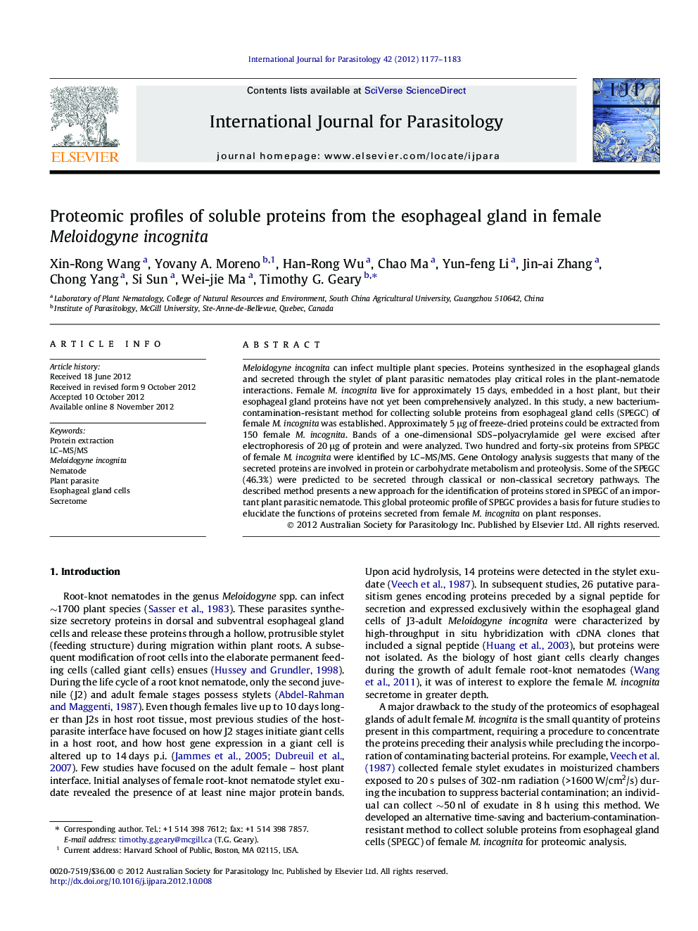 Proteomic profiles of soluble proteins from the esophageal gland in female Meloidogyne incognita