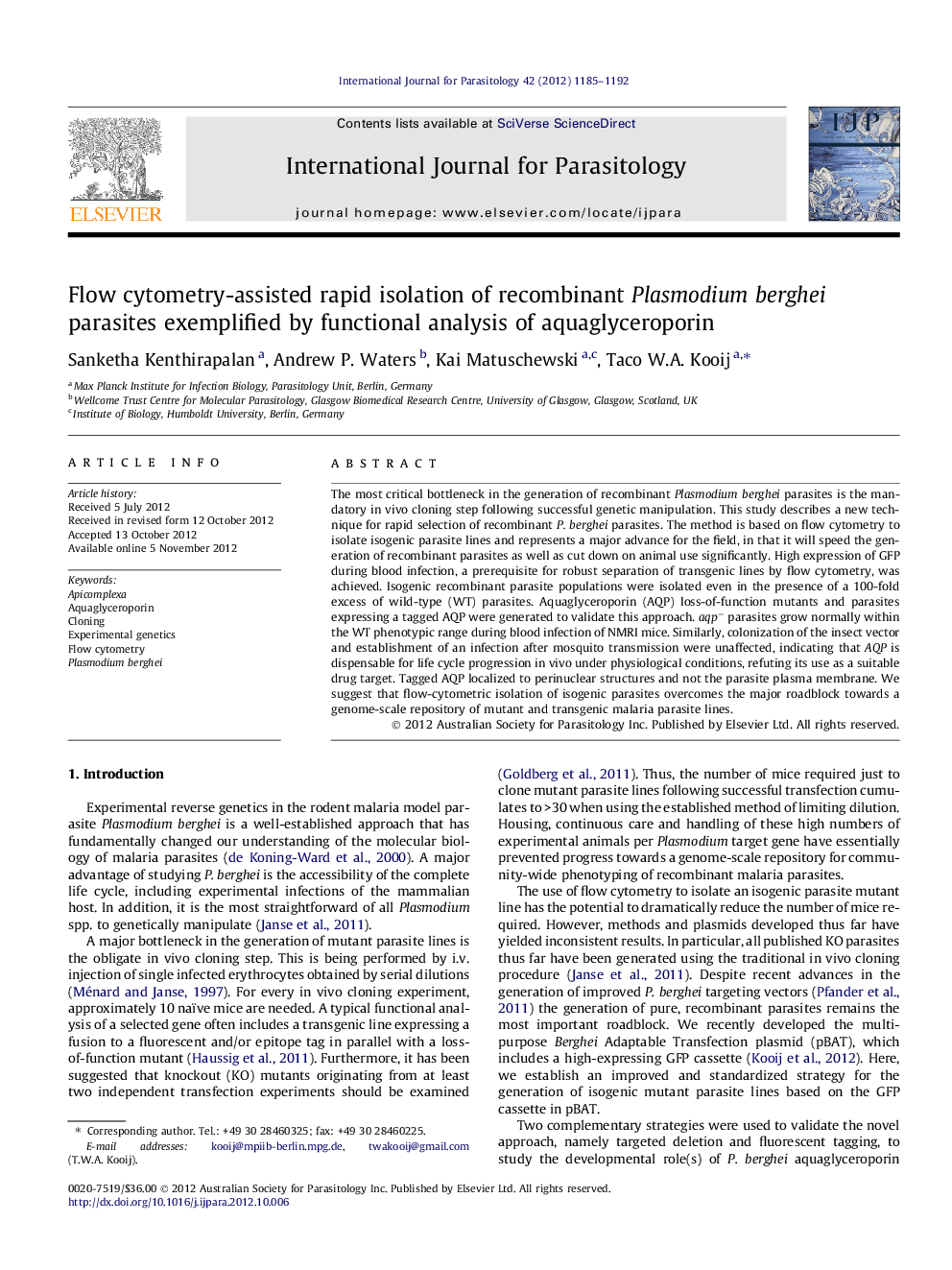 Flow cytometry-assisted rapid isolation of recombinant Plasmodium berghei parasites exemplified by functional analysis of aquaglyceroporin