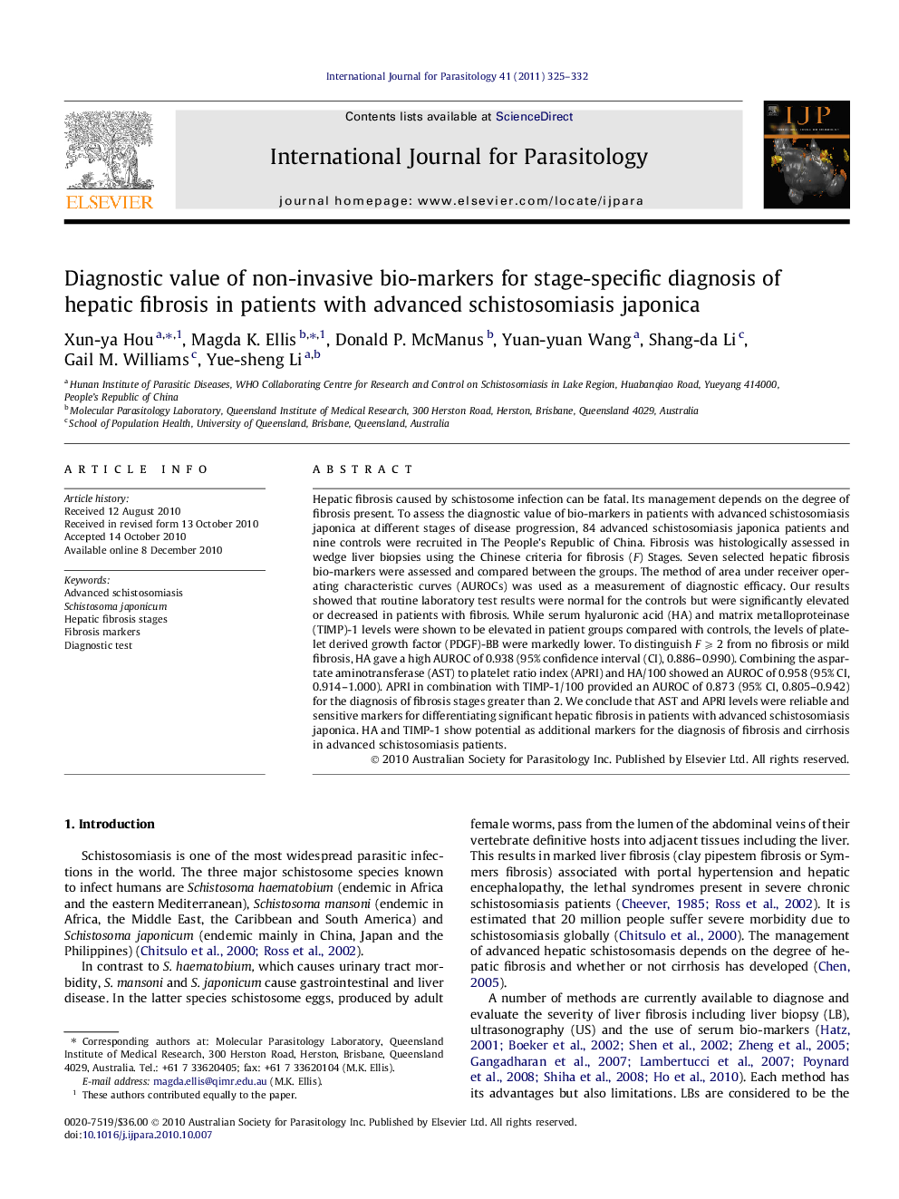 Diagnostic value of non-invasive bio-markers for stage-specific diagnosis of hepatic fibrosis in patients with advanced schistosomiasis japonica