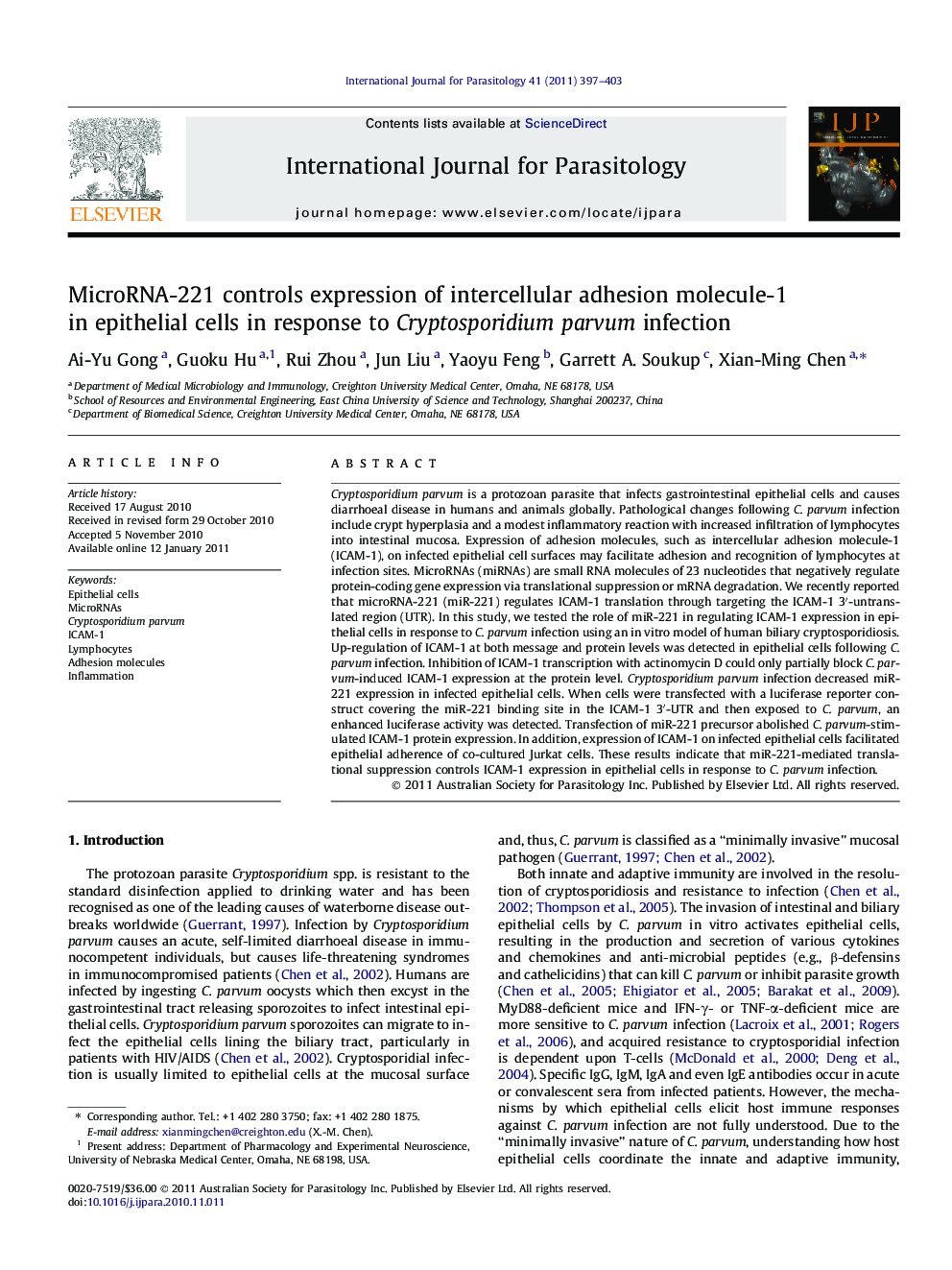 MicroRNA-221 controls expression of intercellular adhesion molecule-1 in epithelial cells in response to Cryptosporidium parvum infection