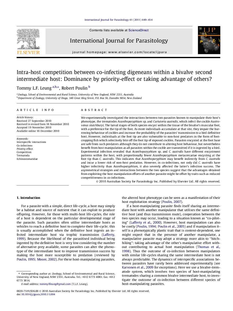 Intra-host competition between co-infecting digeneans within a bivalve second intermediate host: Dominance by priority-effect or taking advantage of others?