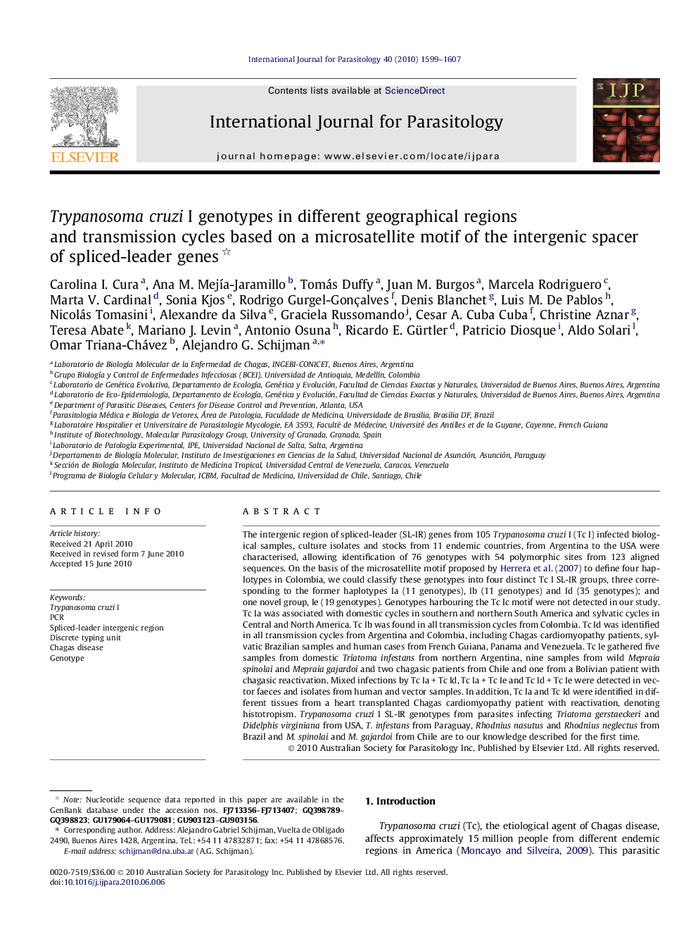 Trypanosoma cruzi I genotypes in different geographical regions and transmission cycles based on a microsatellite motif of the intergenic spacer of spliced-leader genes