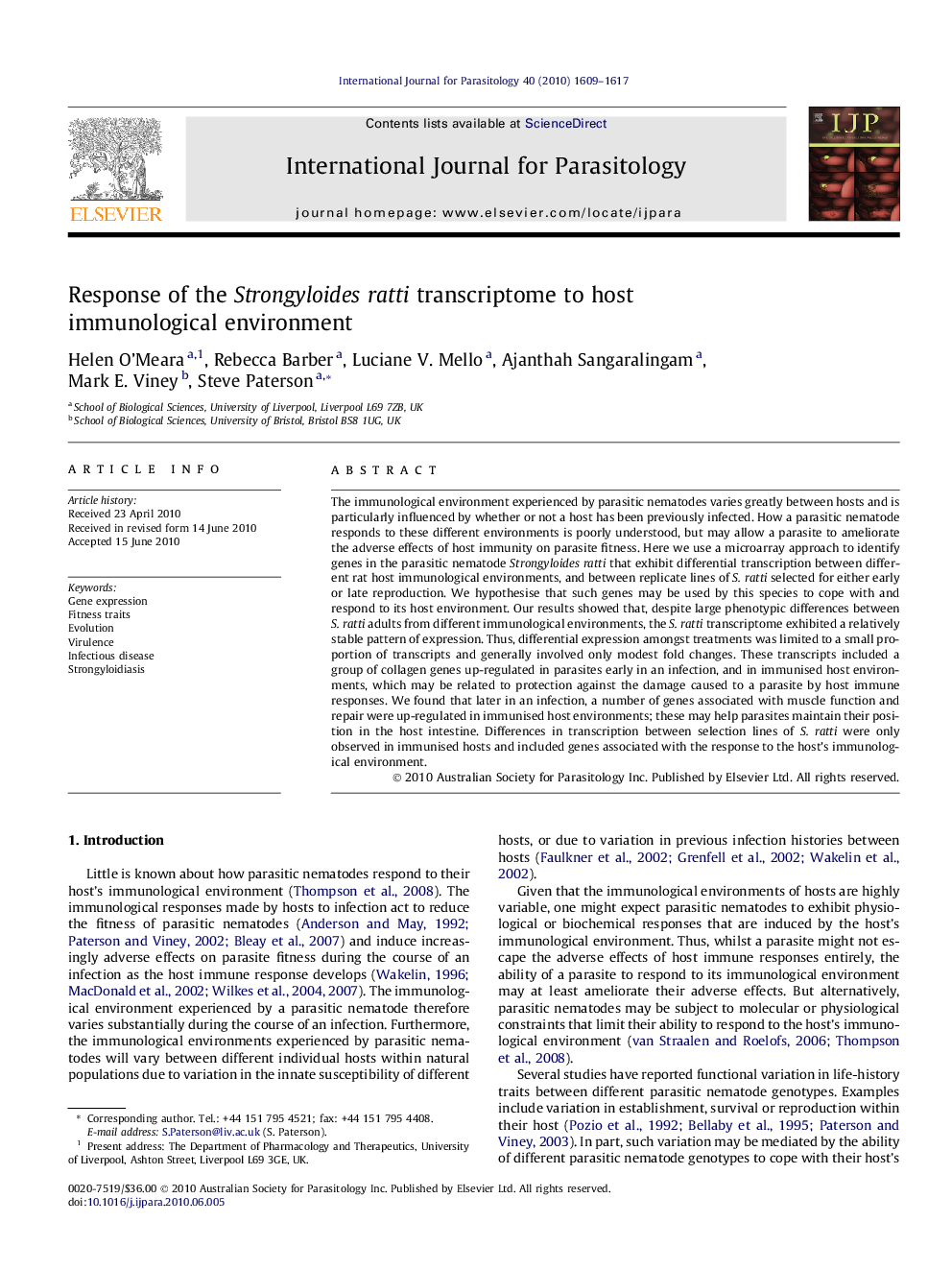 Response of the Strongyloides ratti transcriptome to host immunological environment