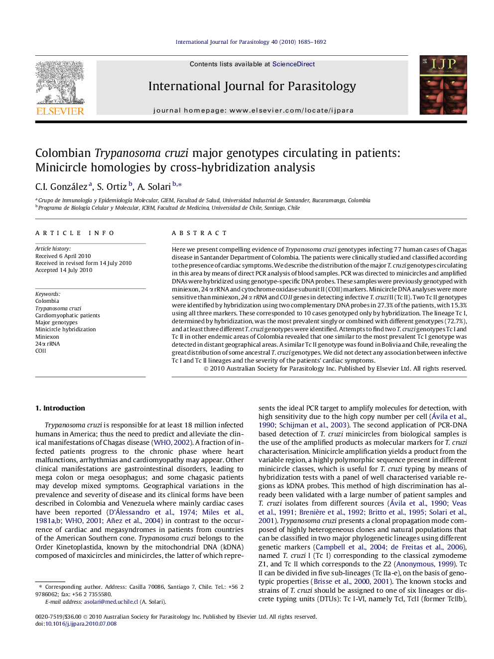 Colombian Trypanosoma cruzi major genotypes circulating in patients: Minicircle homologies by cross-hybridization analysis