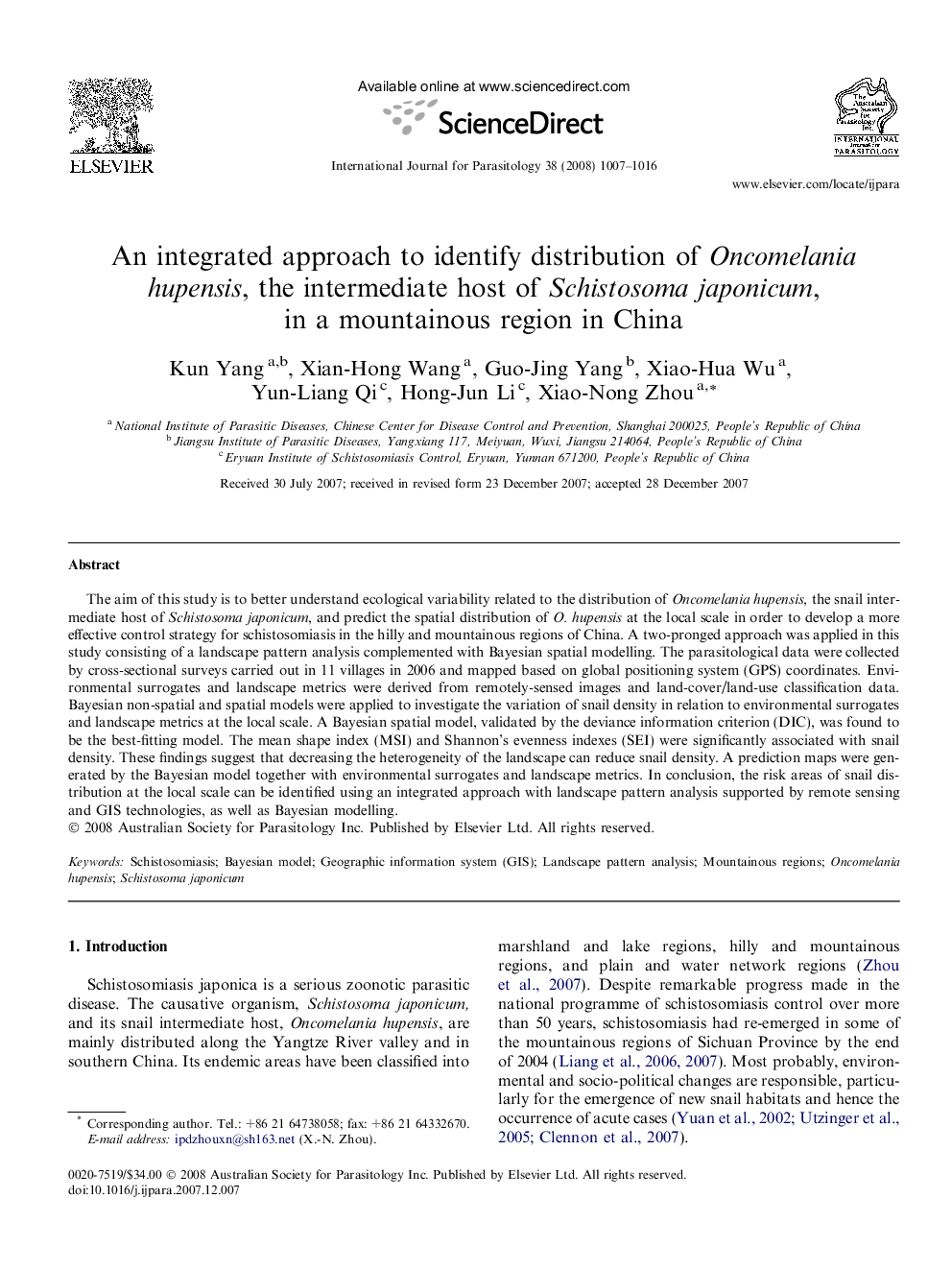 An integrated approach to identify distribution of Oncomelania hupensis, the intermediate host of Schistosoma japonicum, in a mountainous region in China