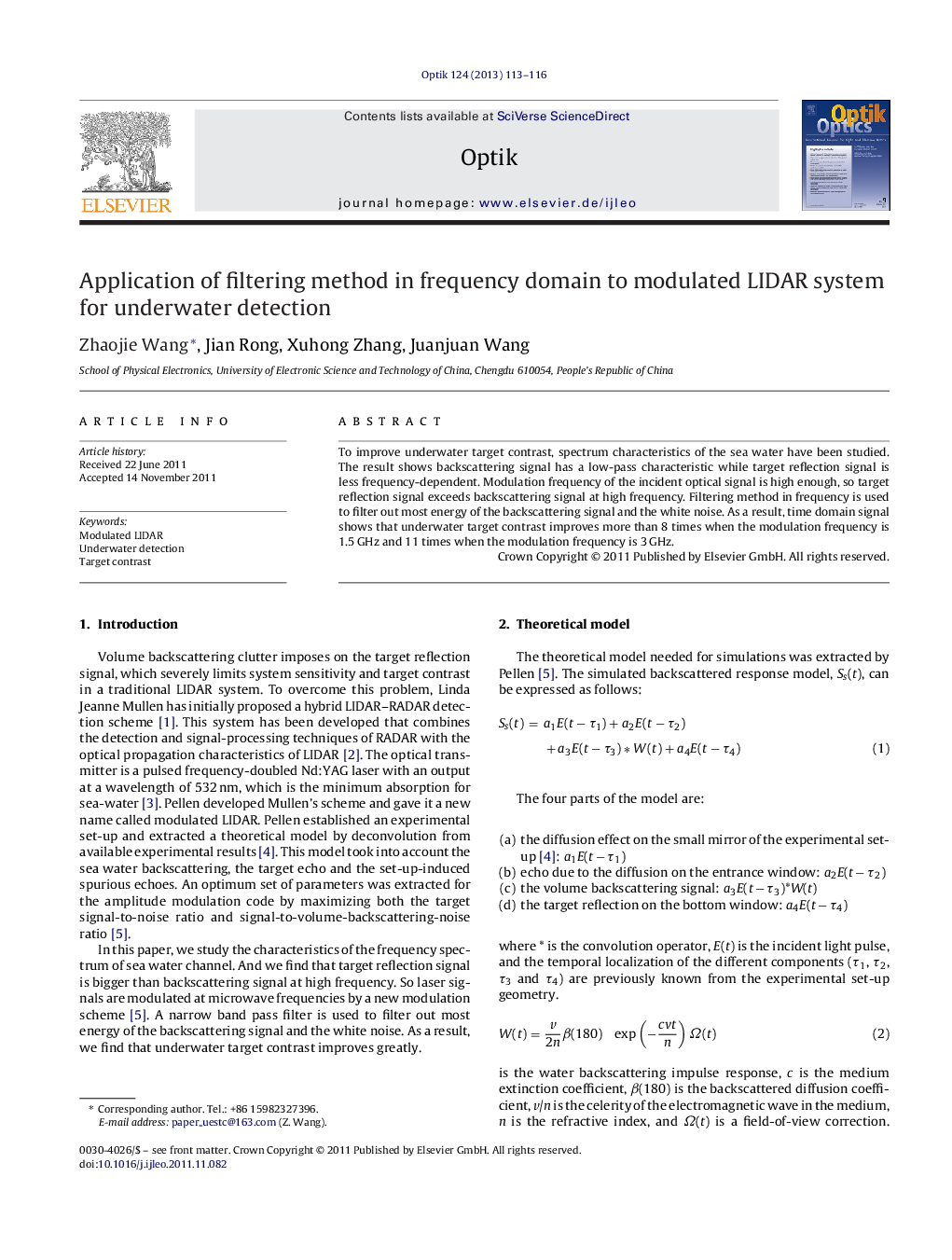 Application of filtering method in frequency domain to modulated LIDAR system for underwater detection
