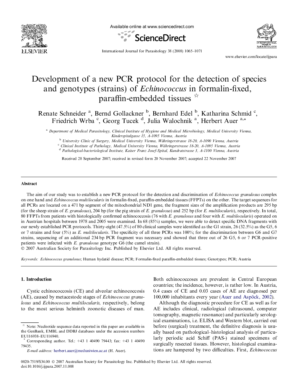 Development of a new PCR protocol for the detection of species and genotypes (strains) of Echinococcus in formalin-fixed, paraffin-embedded tissues