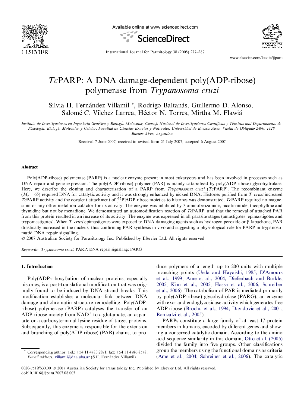 TcPARP: A DNA damage-dependent poly(ADP-ribose) polymerase from Trypanosoma cruzi