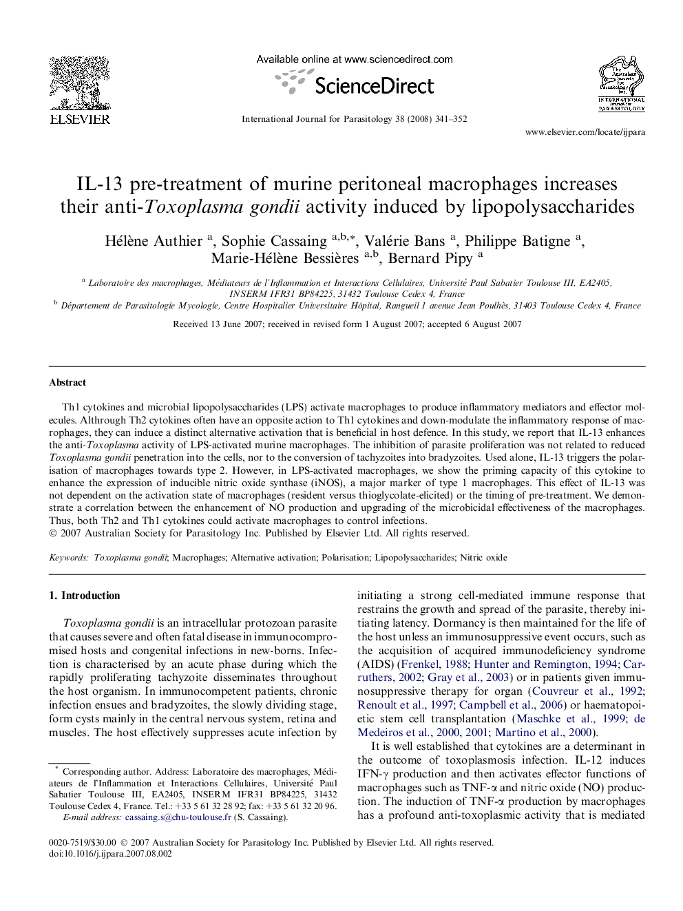 IL-13 pre-treatment of murine peritoneal macrophages increases their anti-Toxoplasma gondii activity induced by lipopolysaccharides