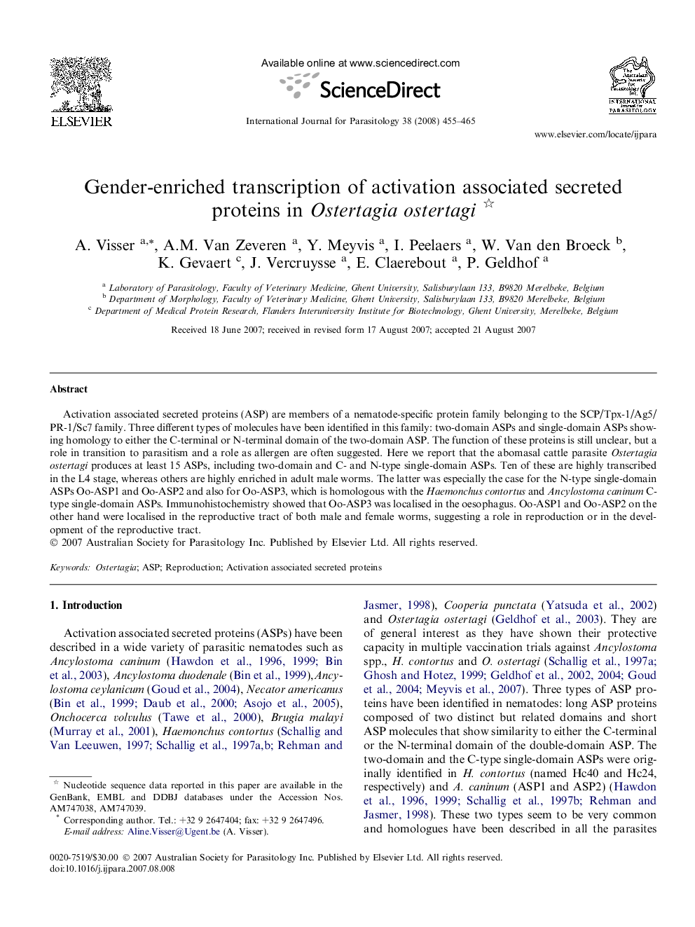 Gender-enriched transcription of activation associated secreted proteins in Ostertagia ostertagi