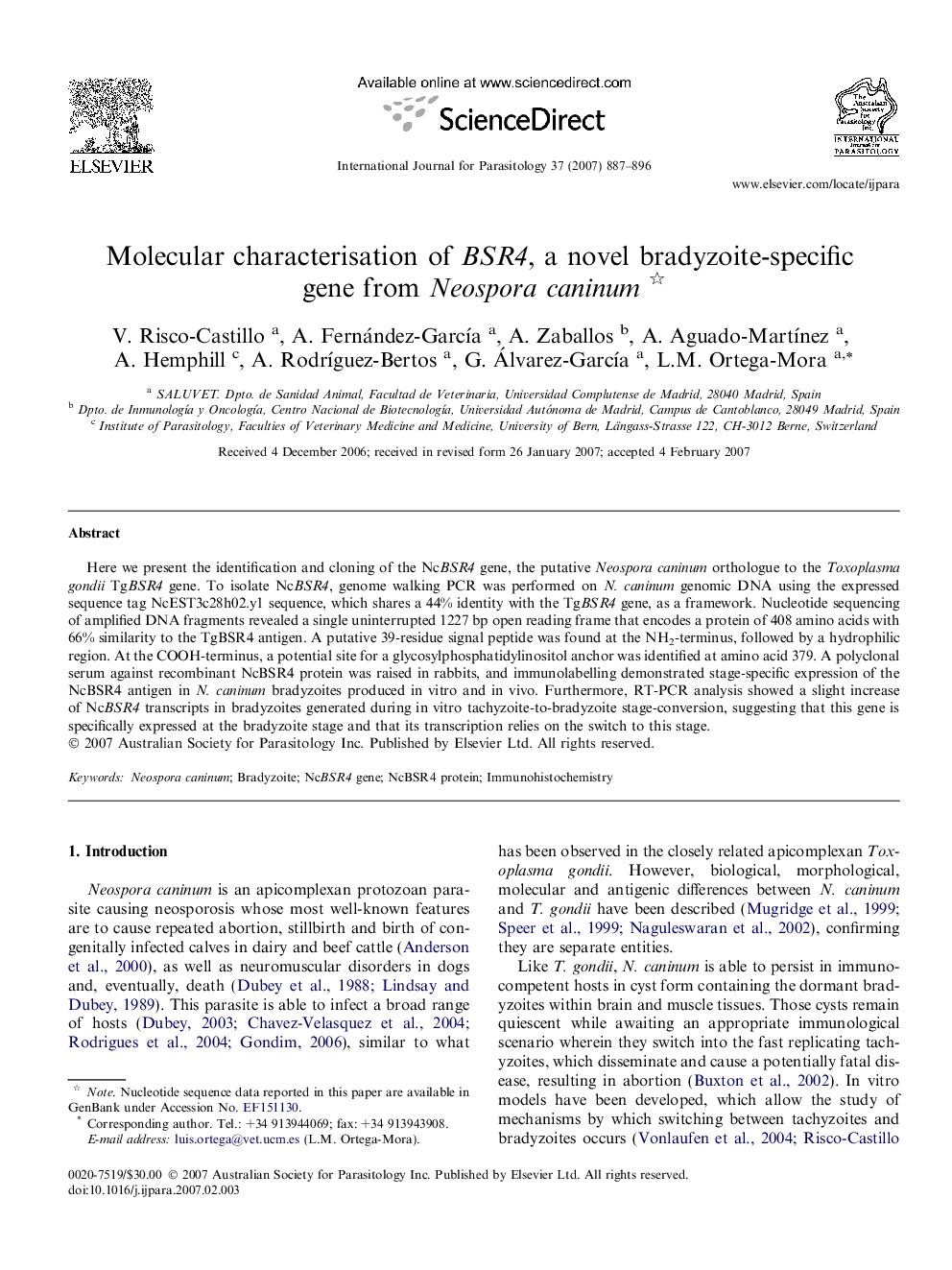 Molecular characterisation of BSR4, a novel bradyzoite-specific gene from Neospora caninum