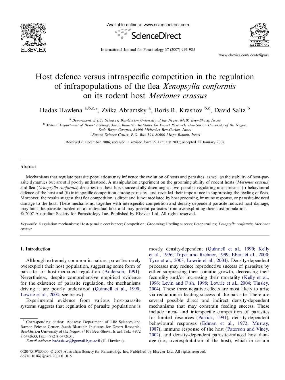 Host defence versus intraspecific competition in the regulation of infrapopulations of the flea Xenopsylla conformis on its rodent host Meriones crassus