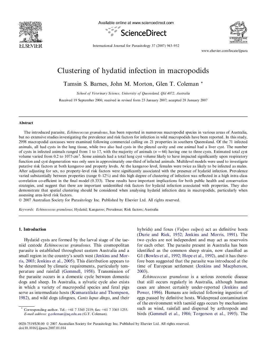 Clustering of hydatid infection in macropodids