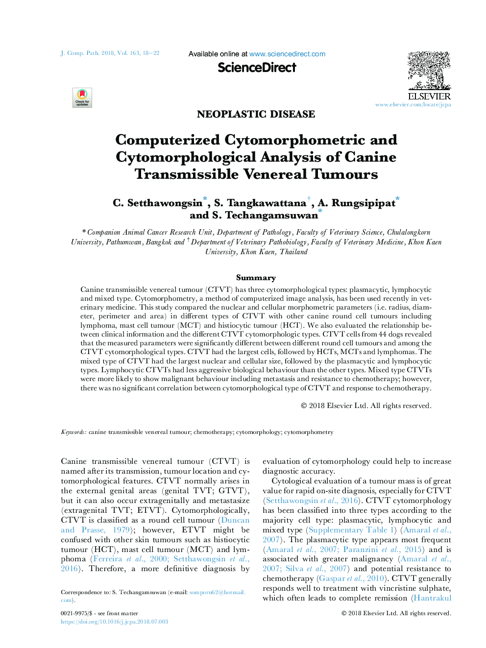 Computerized Cytomorphometric and Cytomorphological Analysis of Canine Transmissible Venereal Tumours