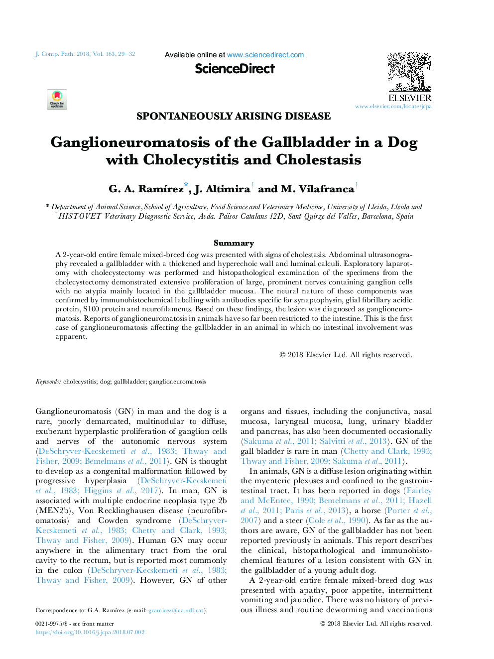 Ganglioneuromatosis of the Gallbladder in a Dog with Cholecystitis and Cholestasis