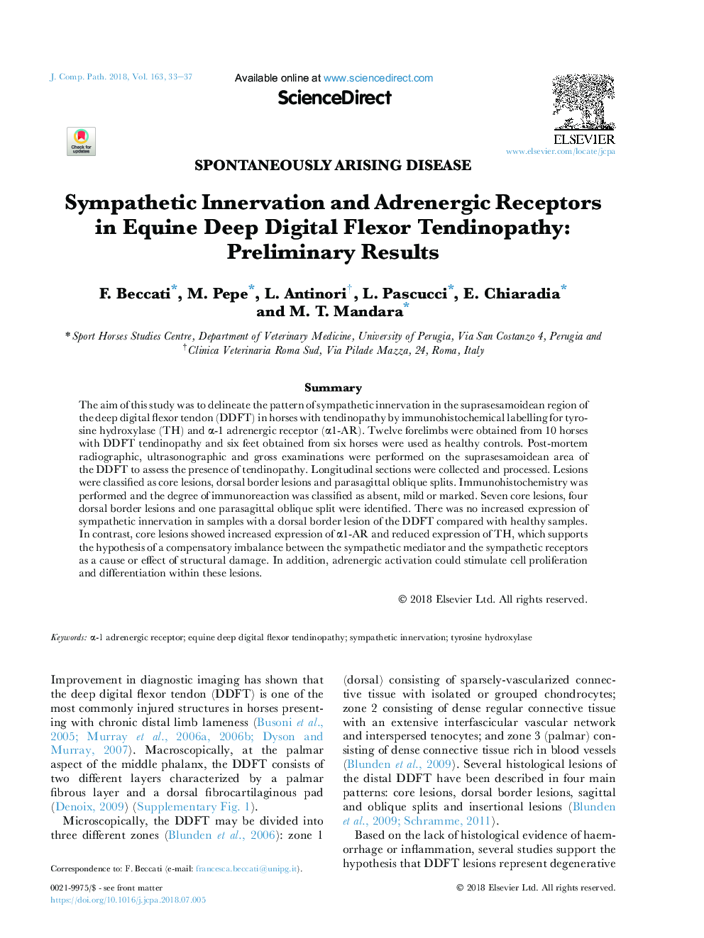 Sympathetic Innervation and Adrenergic Receptors in Equine Deep Digital Flexor Tendinopathy: Preliminary Results