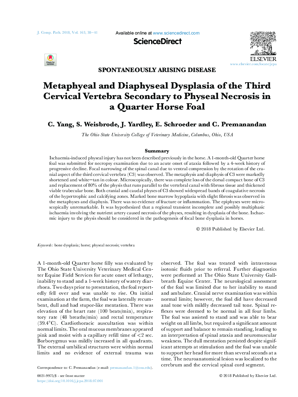 Metaphyeal and Diaphyseal Dysplasia of the Third Cervical Vertebra Secondary to Physeal Necrosis in a Quarter Horse Foal