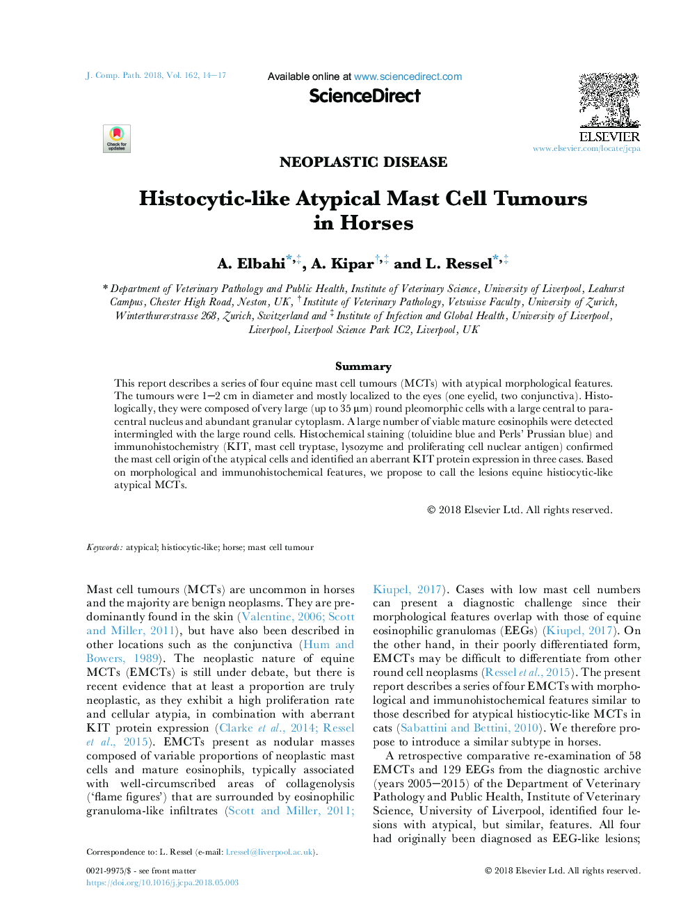 Histocytic-like Atypical Mast Cell Tumours in Horses