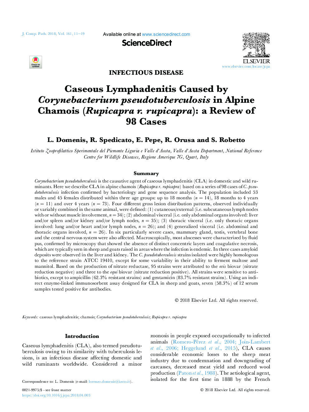 Caseous Lymphadenitis Caused by Corynebacterium pseudotuberculosis in Alpine Chamois (Rupicapra r. rupicapra): a Review of 98 Cases