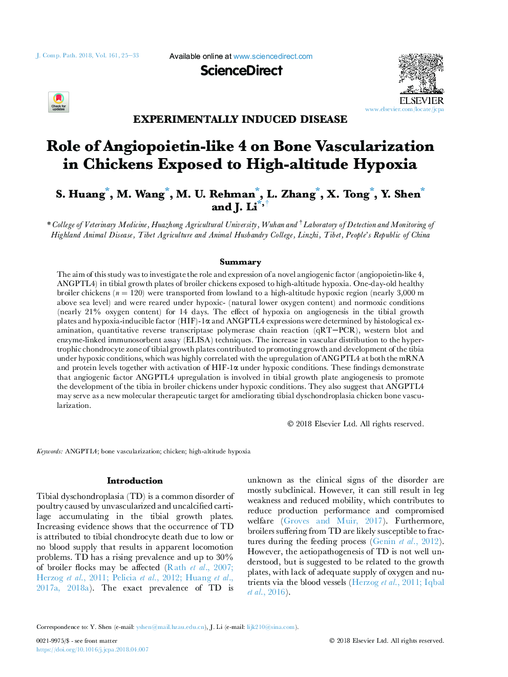 Role of Angiopoietin-like 4 on Bone Vascularization in Chickens Exposed to High-altitude Hypoxia