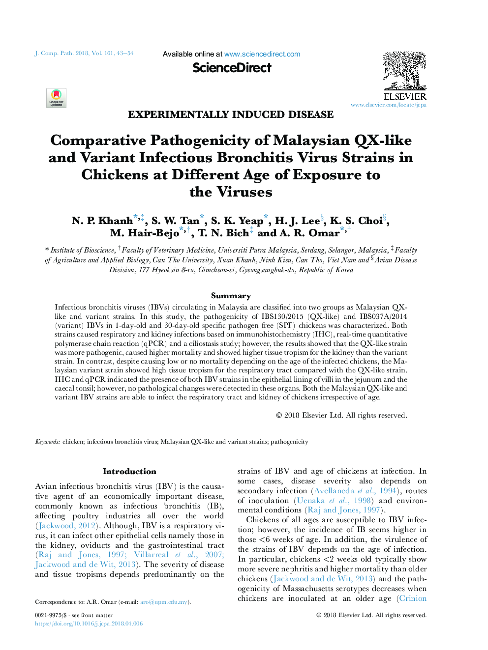 Comparative Pathogenicity of Malaysian QX-like and Variant Infectious Bronchitis Virus Strains in Chickens at Different Age of Exposure to the Viruses