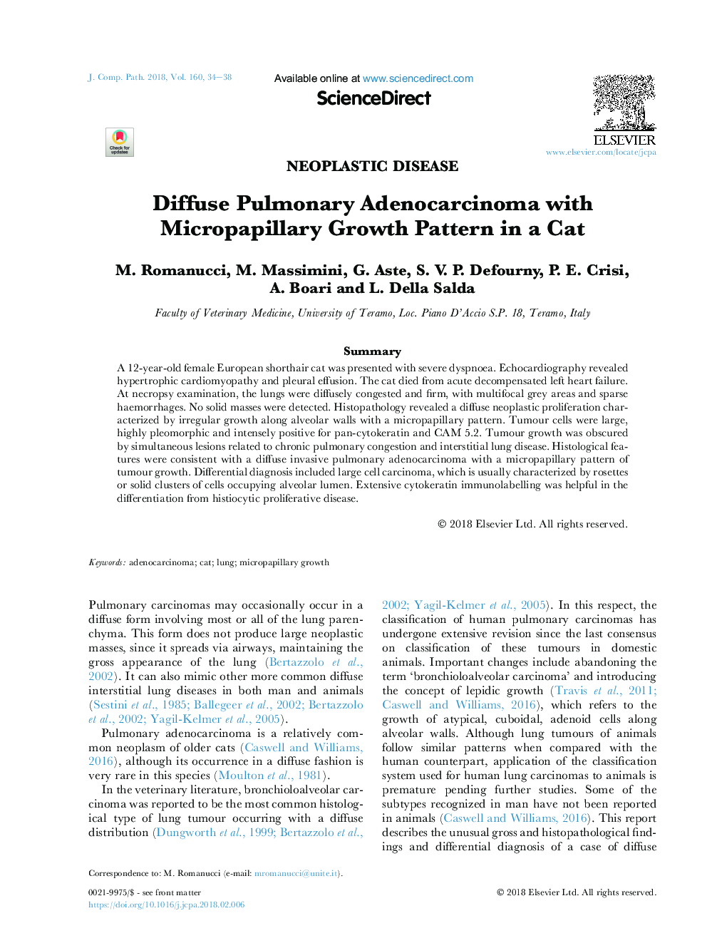 Diffuse Pulmonary Adenocarcinoma with Micropapillary Growth Pattern in a Cat