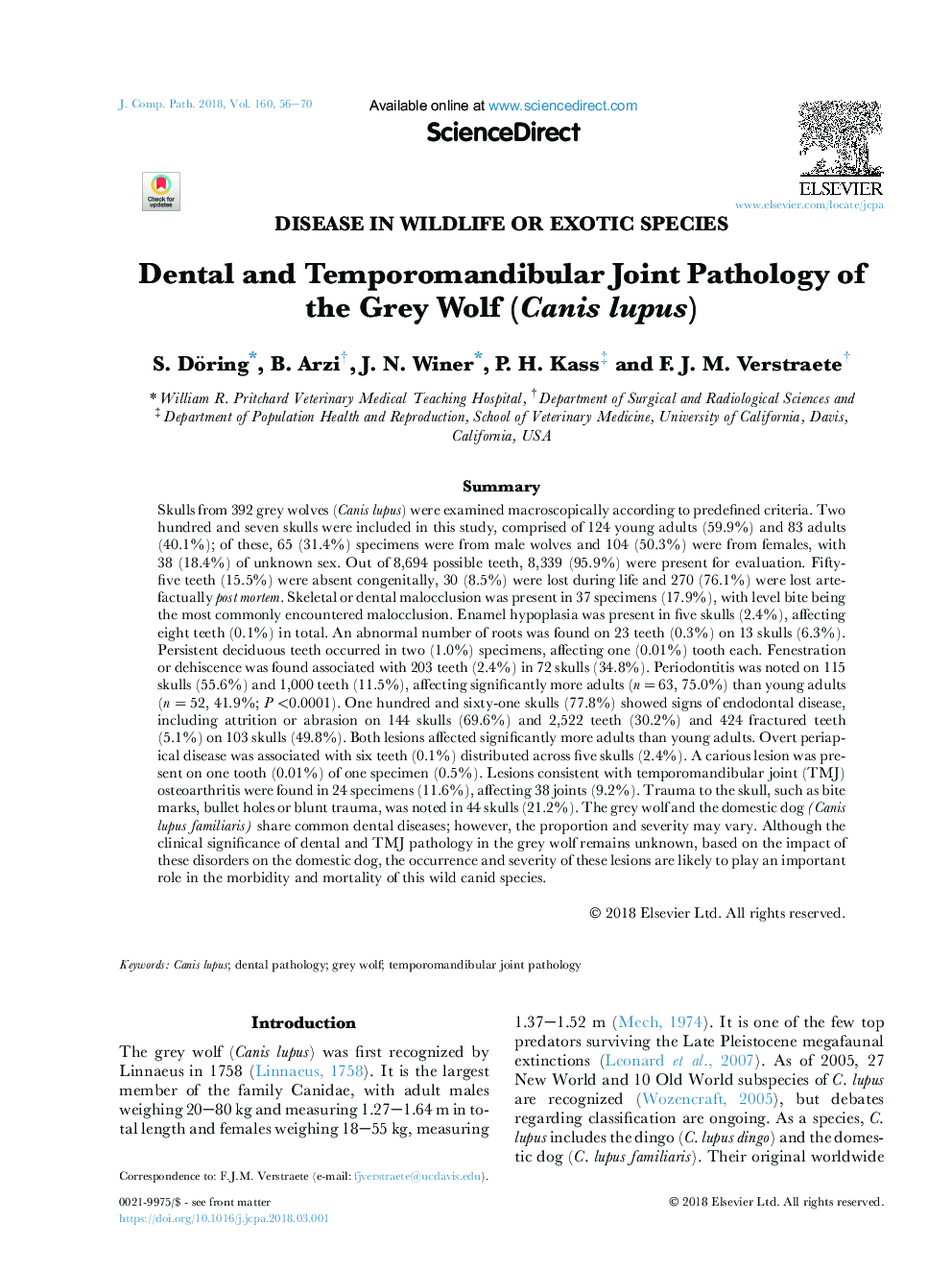 Dental and Temporomandibular Joint Pathology of the Grey Wolf (Canis lupus)