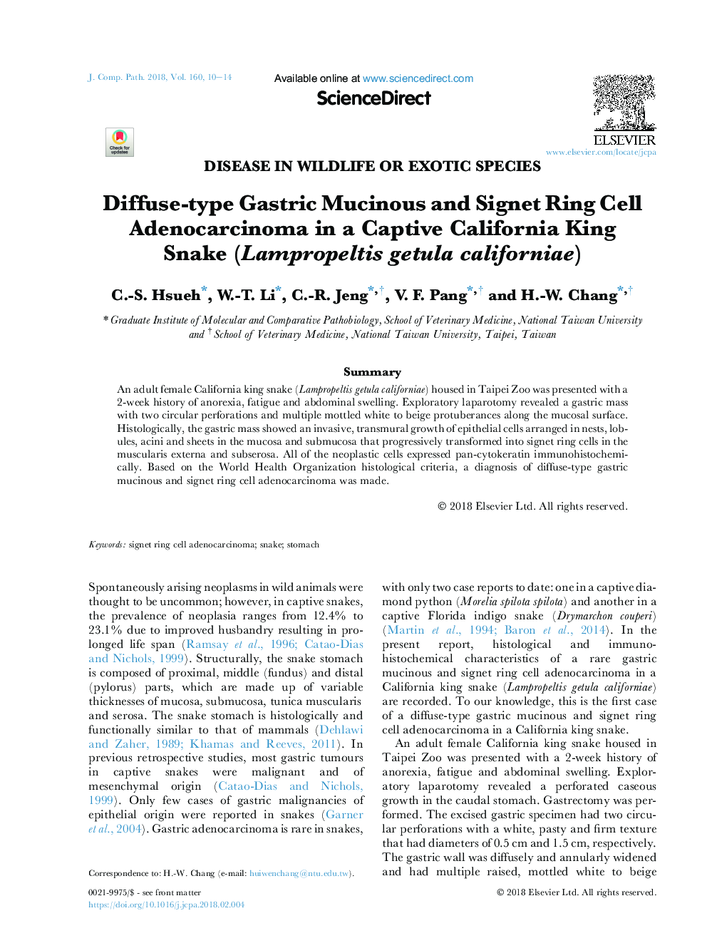 Diffuse-type Gastric Mucinous and Signet Ring Cell Adenocarcinoma in a Captive California King Snake (Lampropeltis getula californiae)