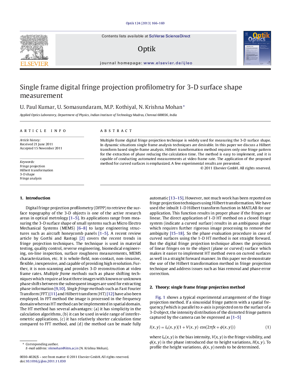 Single frame digital fringe projection profilometry for 3-D surface shape measurement