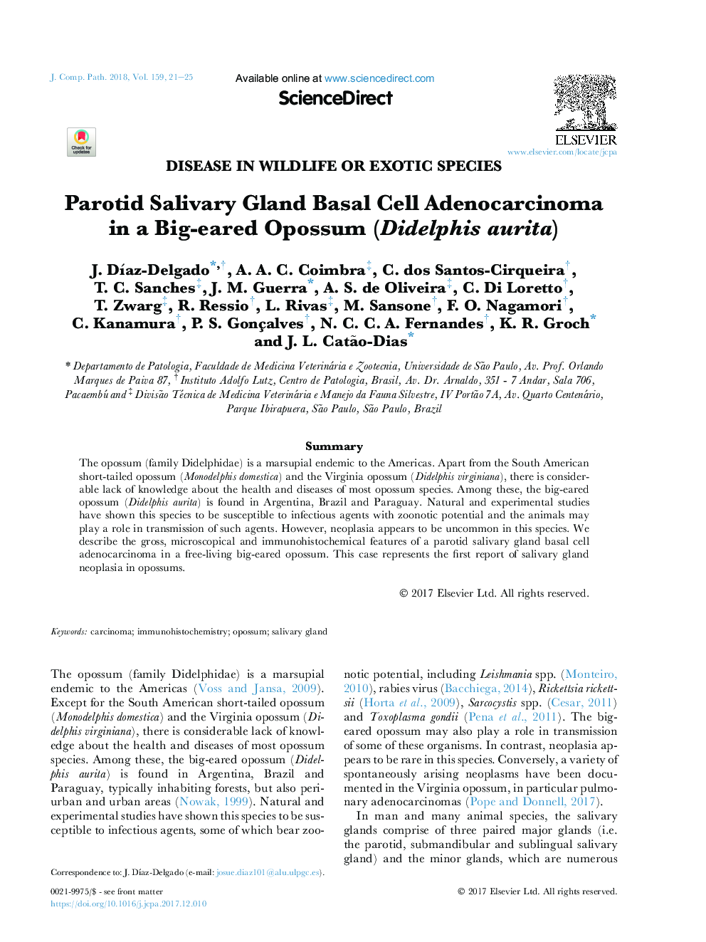 Parotid Salivary Gland Basal Cell Adenocarcinoma in a Big-eared Opossum (Didelphis aurita)