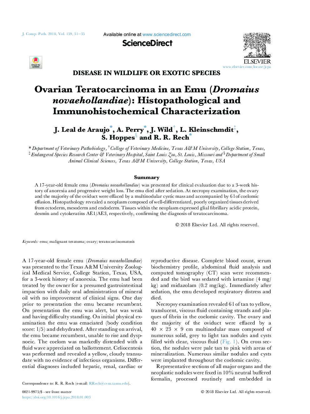 Ovarian Teratocarcinoma in an Emu (Dromaius novaehollandiae): Histopathological and Immunohistochemical Characterization