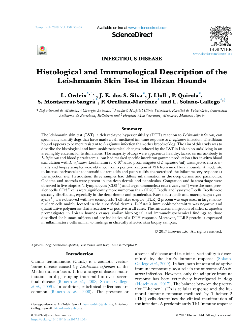 Histological and Immunological Description of the Leishmanin Skin Test in Ibizan Hounds