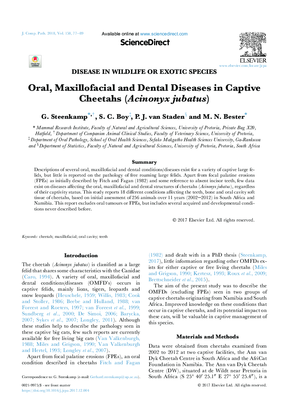 Oral, Maxillofacial and Dental Diseases in Captive Cheetahs (Acinonyx jubatus)