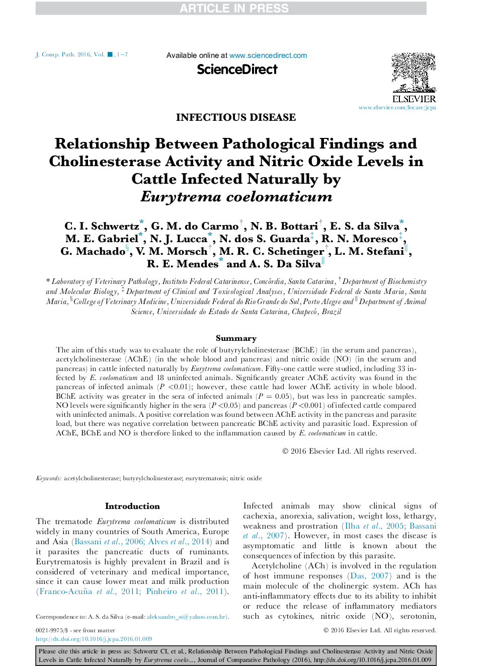 Relationship Between Pathological Findings and Cholinesterase Activity and Nitric Oxide Levels in Cattle Infected Naturally by Eurytrema coelomaticum